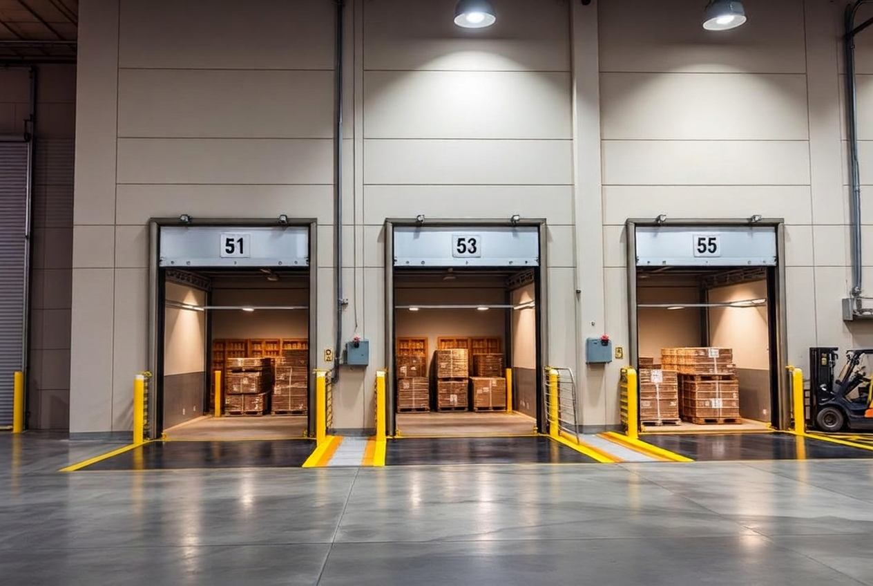 Loading dock with three doors and palletized freight ready for dispatch