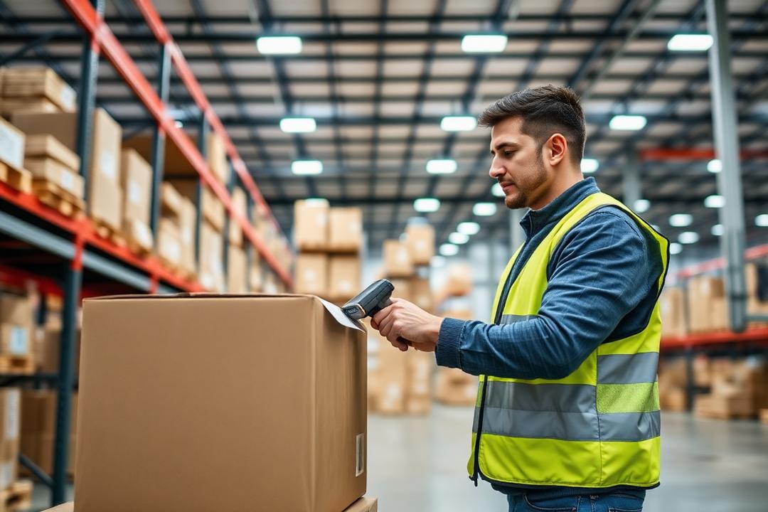 Warehouse associate scanning a barcode label on a carton
